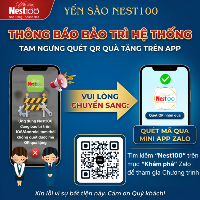 Thông Báo Bảo Trì App Yến sào Nest100